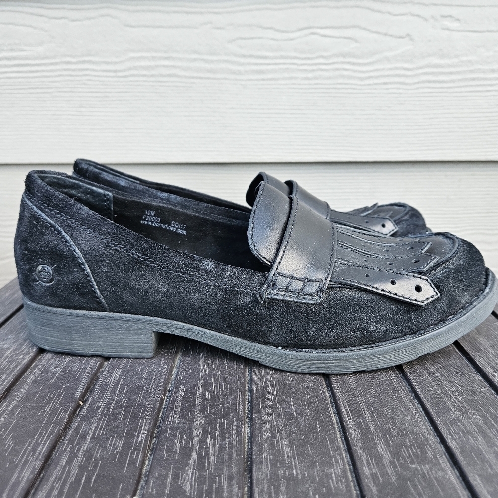 Born Black Suede Leather Penny Loafers with Fringe Slip On Shoes F3003 Womens 10